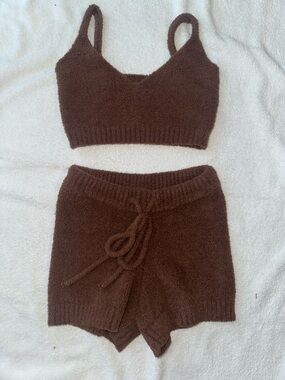 Fashion Nova Brown Fuzzy Knit Bralette & Shorts Set